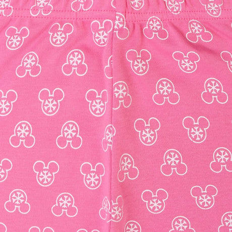 Pink kids innerwear fabric with white snowflake and cartoon head print pattern