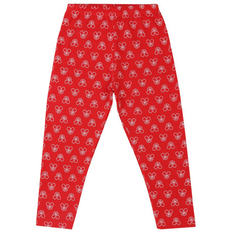 Red kids leggings with white cartoon bear face print, full length, elastic waist.