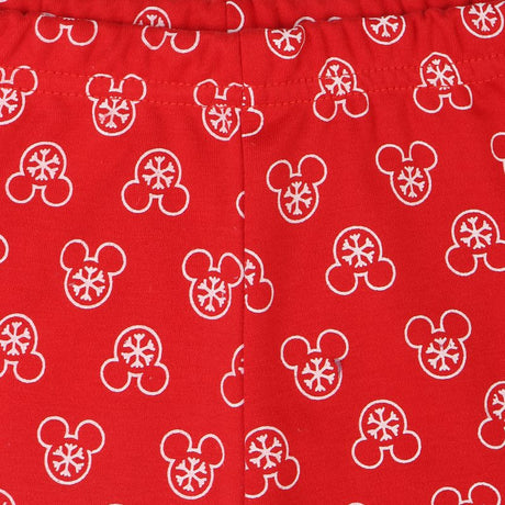 Red kids apparel fabric with white snowflake and cartoon mouse head print pattern