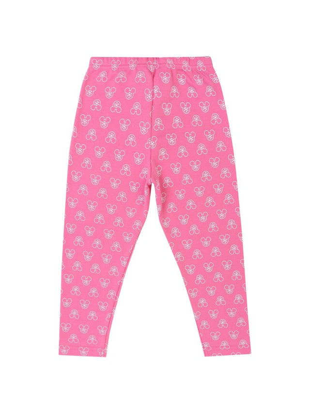 Pink kids leggings with white cartoon bear face print, comfortable innerwear