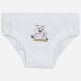 White kids cotton brief with cartoon dog print and 'Bawoo' text on front