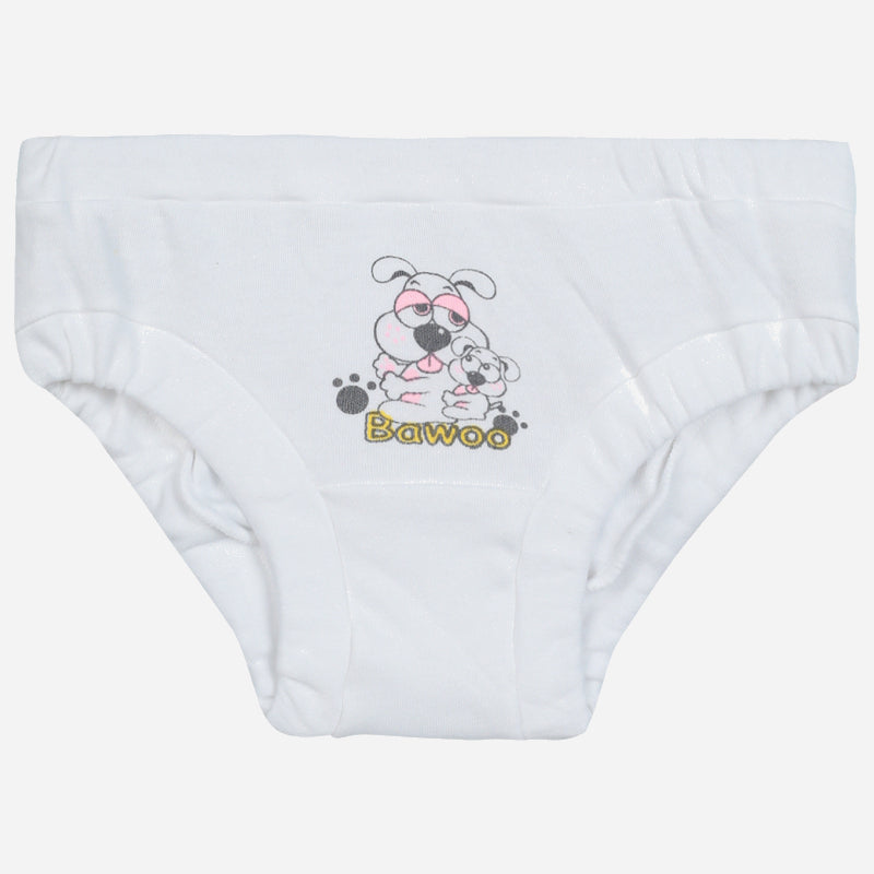 White kids cotton brief with cartoon dog print and 'Bawoo' text on front