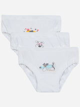 Set of three white kids briefs with cute animal and airplane prints, comfortable innerwear