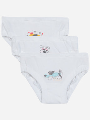 Set of three white kids briefs with cute animal and airplane prints, comfortable innerwear