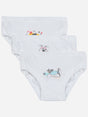 Set of three white kids briefs with cute animal and airplane prints, comfortable innerwear