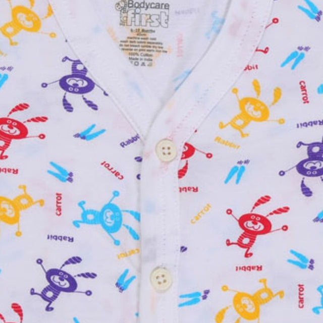 Close-up of kids' cotton innerwear with colorful rabbit and carrot print, button front