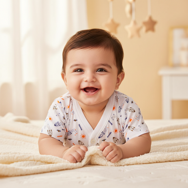 Smiling baby in printed white short sleeve innerwear on soft blanket, nursery background