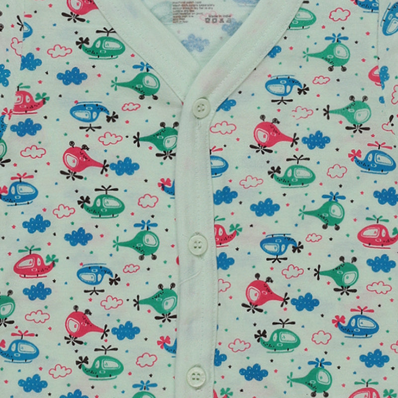 Close-up of kids innerwear with colorful helicopter and cloud print, button front