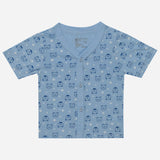 Blue baby short sleeve shirt with bear face print and front buttons