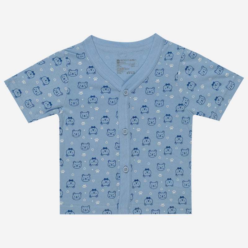 Blue baby short sleeve shirt with bear face print and front buttons