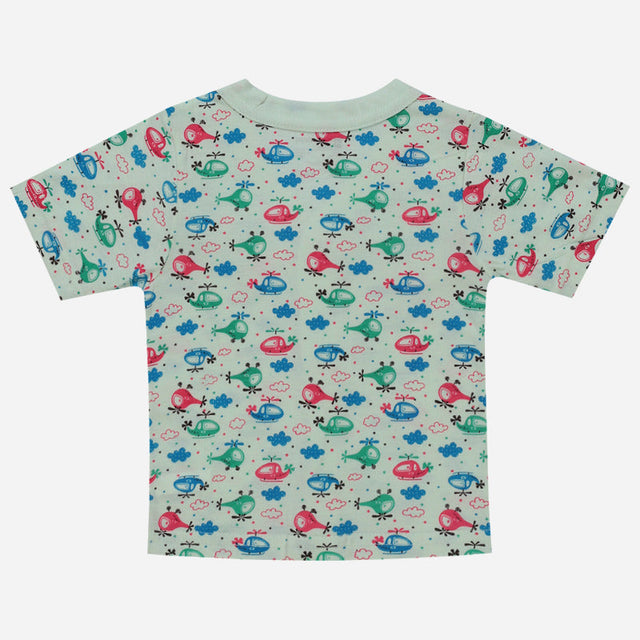 Kids short sleeve t-shirt with colorful helicopter and cloud print on light background