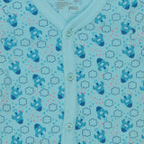 Light blue baby onesie with blue airplane and cloud print, front button closure