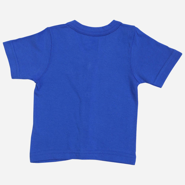 Back view of plain blue kids short sleeve t-shirt on white background