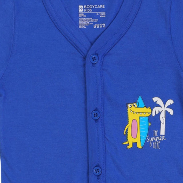 Blue kids buttoned innerwear with cartoon crocodile, surfboard, palm tree and summer print