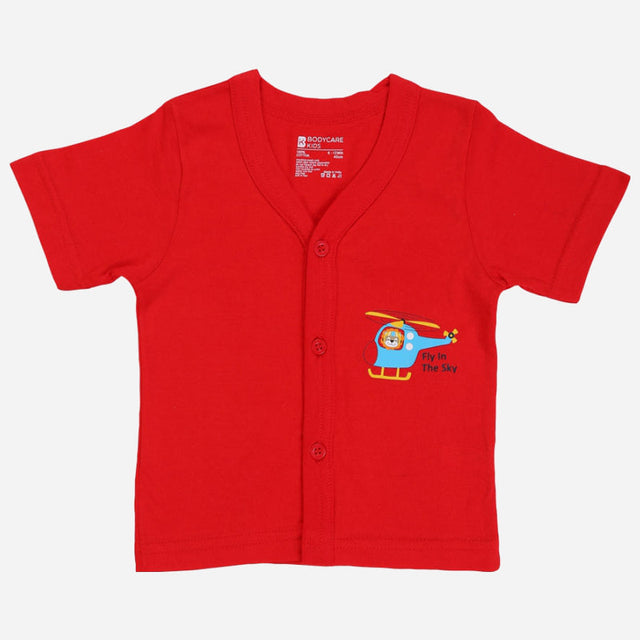 Red kids short sleeve buttoned shirt with cartoon helicopter and 'Fly in The Sky' print