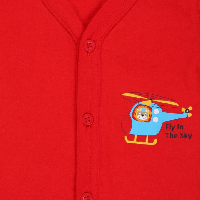 Red kids button-up innerwear with cartoon helicopter and 'Fly In The Sky' print