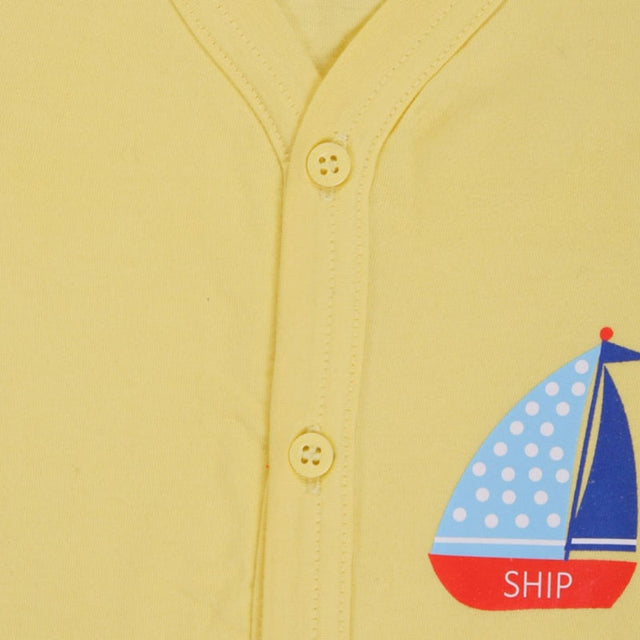 Yellow kids button-up innerwear with sailboat and 'SHIP' print, soft cotton fabric