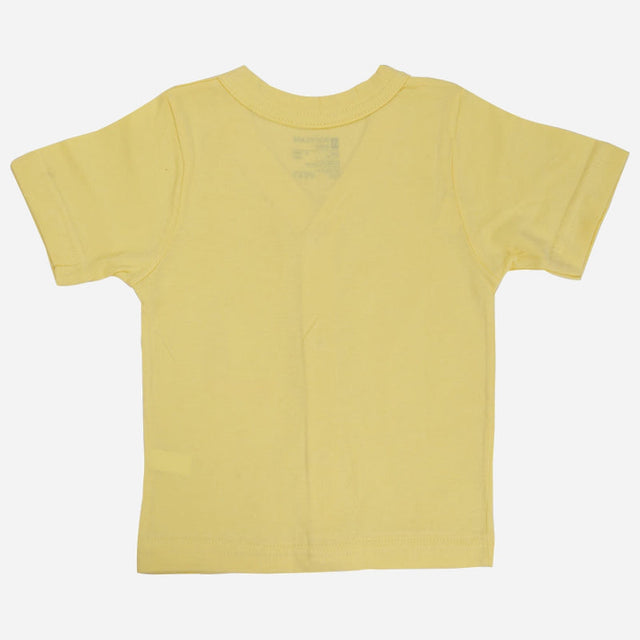 Back view of a plain yellow kids short sleeve cotton t-shirt on white background