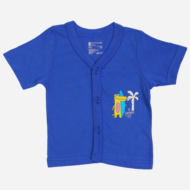 Blue kids button-front short sleeve t-shirt with cartoon crocodile and palm tree print