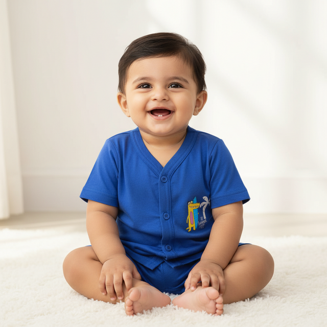 Smiling baby in blue short-sleeve romper with cartoon print sitting on white carpet