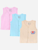 Set of three sleeveless baby vests in pink, blue, and beige with button front, soft cotton.