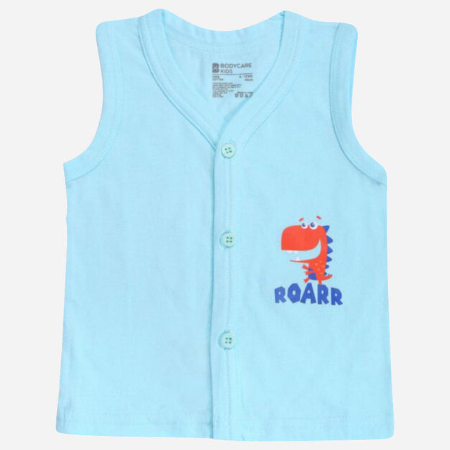Light blue sleeveless kids vest with cartoon dinosaur and 'ROARR' text print
