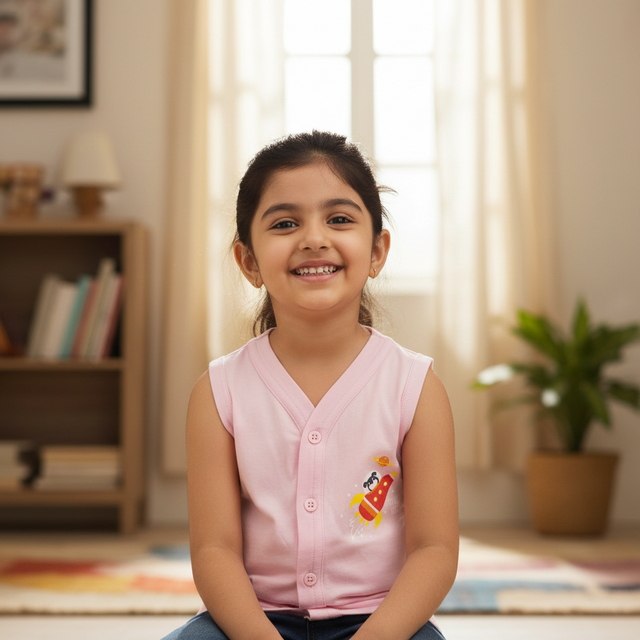 Smiling girl wearing pink sleeveless kids innerwear with cartoon print, seated indoors