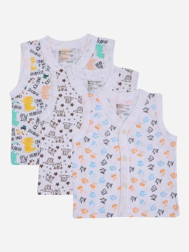 Set of three sleeveless kids' vests with playful cartoon prints in assorted colors