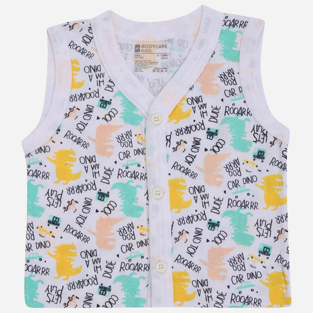 Sleeveless kids vest with colorful dinosaur and car print, front button closure.