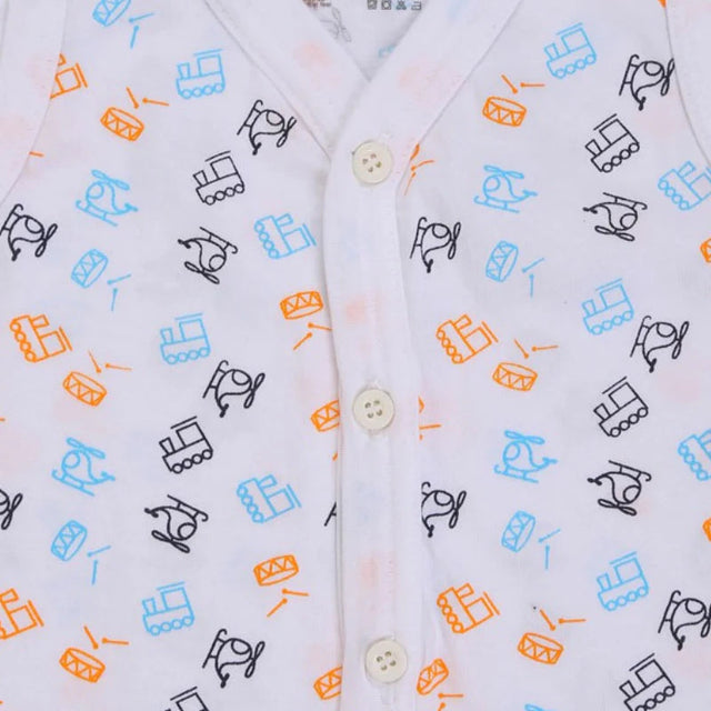 Close-up of kids white sleeveless vest with colorful train, drum and helicopter print