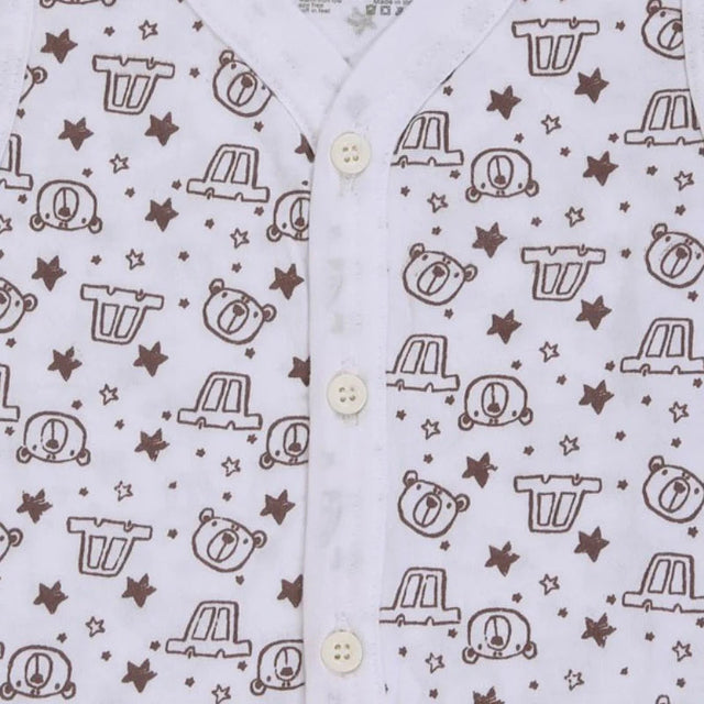 White baby innerwear with brown bear, car, and star prints, buttoned down front