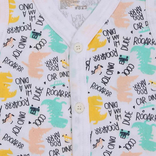 Close-up of kids buttoned vest with colorful dinosaur and car print, playful text design