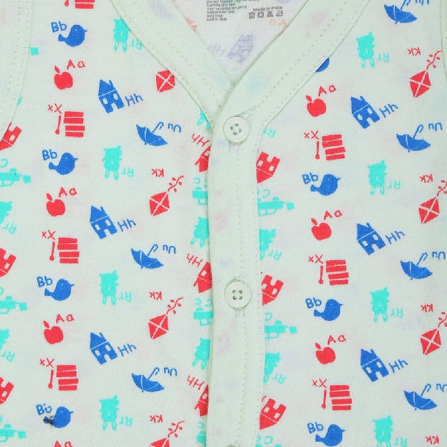 Close-up of kids buttoned innerwear with colorful alphabet and object prints