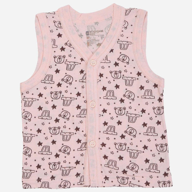Pink sleeveless kids vest with cute bear and car print, front button closure
