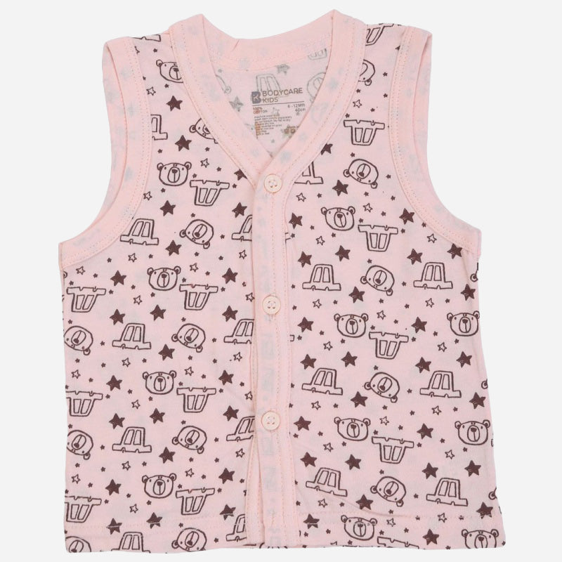Pink sleeveless kids vest with cute bear and car print, front button closure