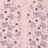 Pink baby vest with bear, car, and star print, front button closure, soft cotton fabric