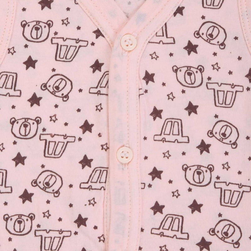 Pink baby vest with bear, car, and star print, front button closure, soft cotton fabric