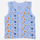 Light blue sleeveless kids vest with playful blue and orange cartoon and star prints, button front
