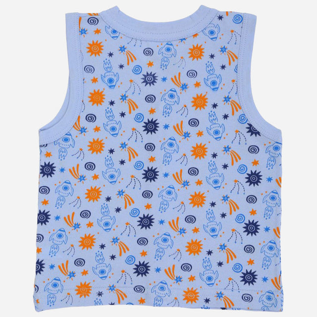 Sleeveless kids' innerwear vest in light blue with playful cartoon and star print