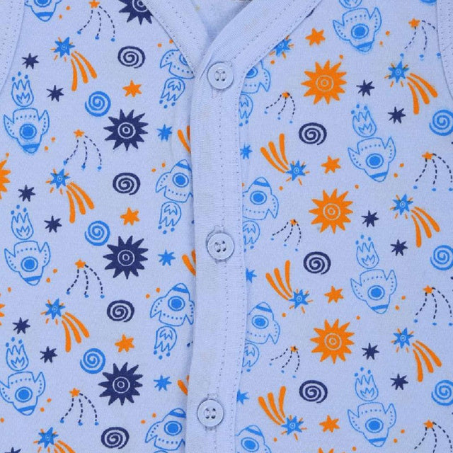 Kids buttoned innerwear with blue and orange rocket and star print on soft fabric