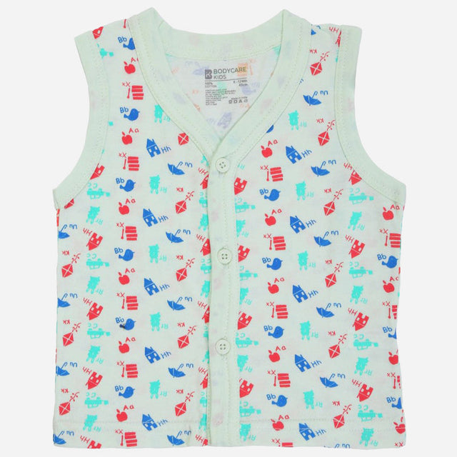 Sleeveless cotton kids vest with colorful animal and letter print, front button closure