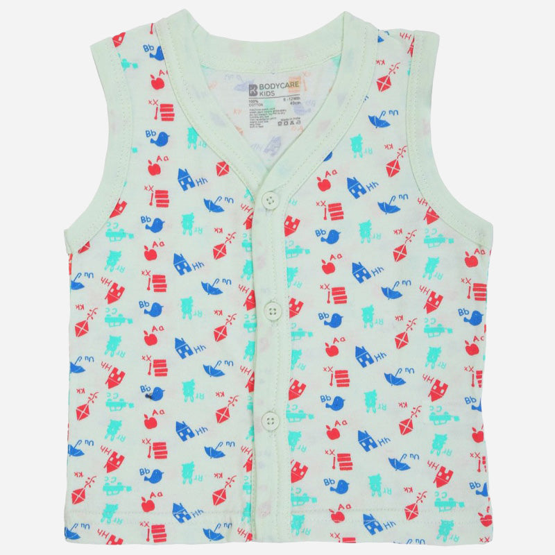 Sleeveless cotton kids vest with colorful animal and letter print, front button closure