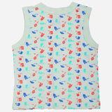 Sleeveless kids innerwear vest, mint green with colorful animal and alphabet print pattern