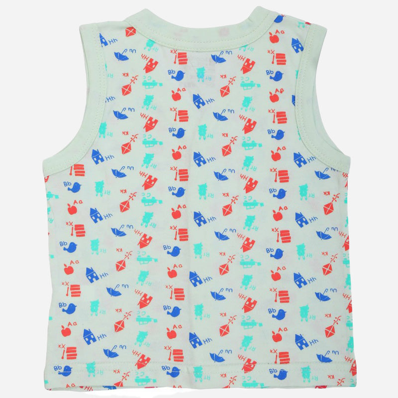 Sleeveless kids innerwear vest, mint green with colorful animal and alphabet print pattern