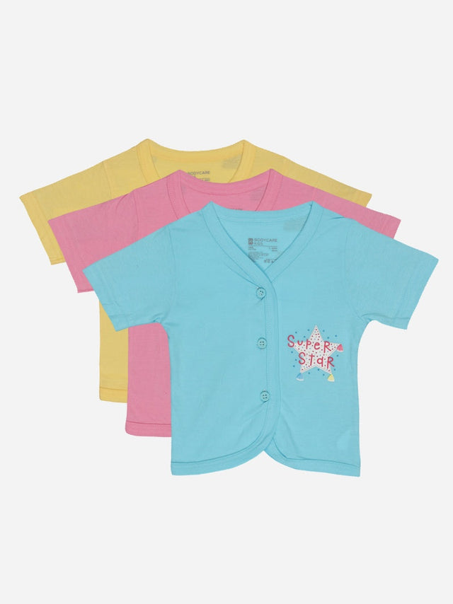 Kids innerwear multipack with blue, pink, and yellow short sleeve button shirts, soft cotton