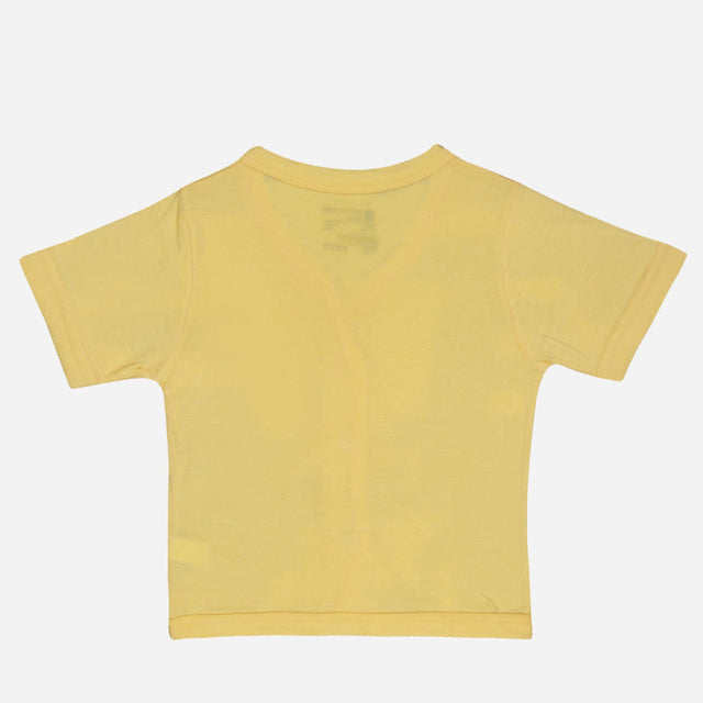 Plain yellow short sleeve kids innerwear t-shirt, back view, soft cotton fabric