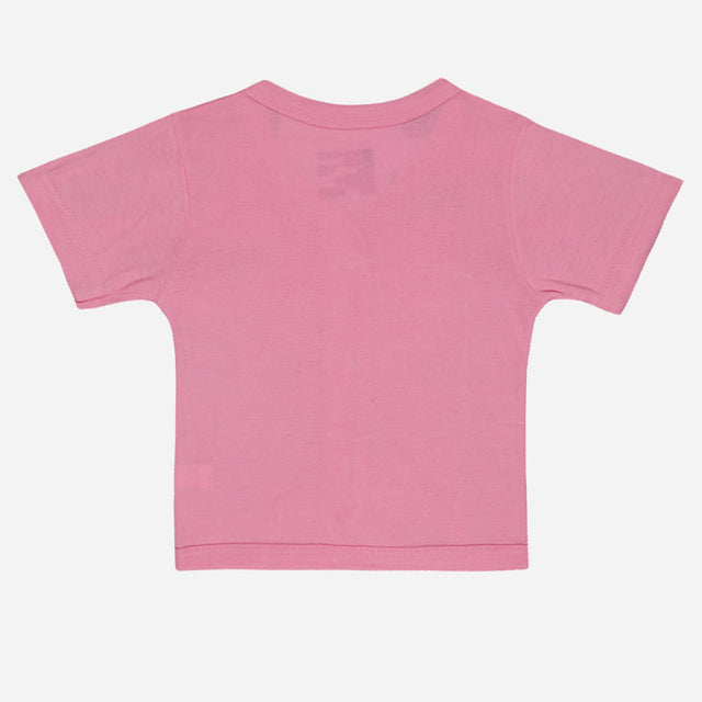 Back view of plain pink kids short sleeve cotton t-shirt on white background