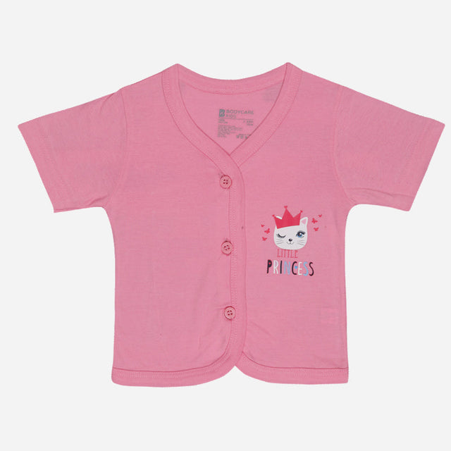 Pink baby girl innerwear top with kitten crown print and 'Little Princess' text, short sleeves