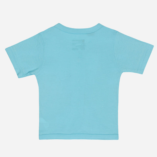 Back view of a light blue kids short sleeve cotton t-shirt on white background