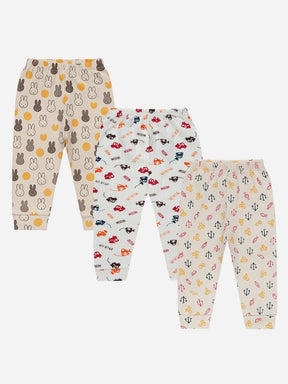 Set of three kids' printed innerwear pajama pants with cute animal and car patterns